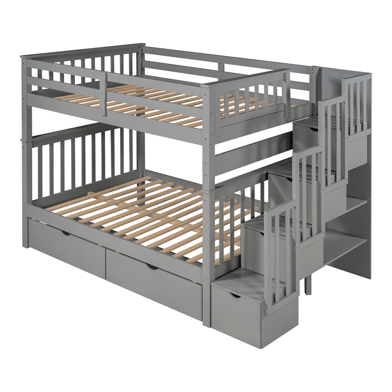 Pemberly Row Full Over Full Bunk Bed with Shelves and 6 Storage Drawers (Gray)