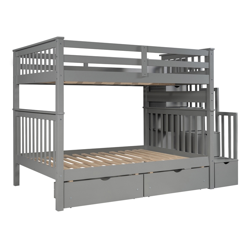 Pemberly Row Full Over Full Bunk Bed with Shelves and 6 Storage Drawers (Gray)