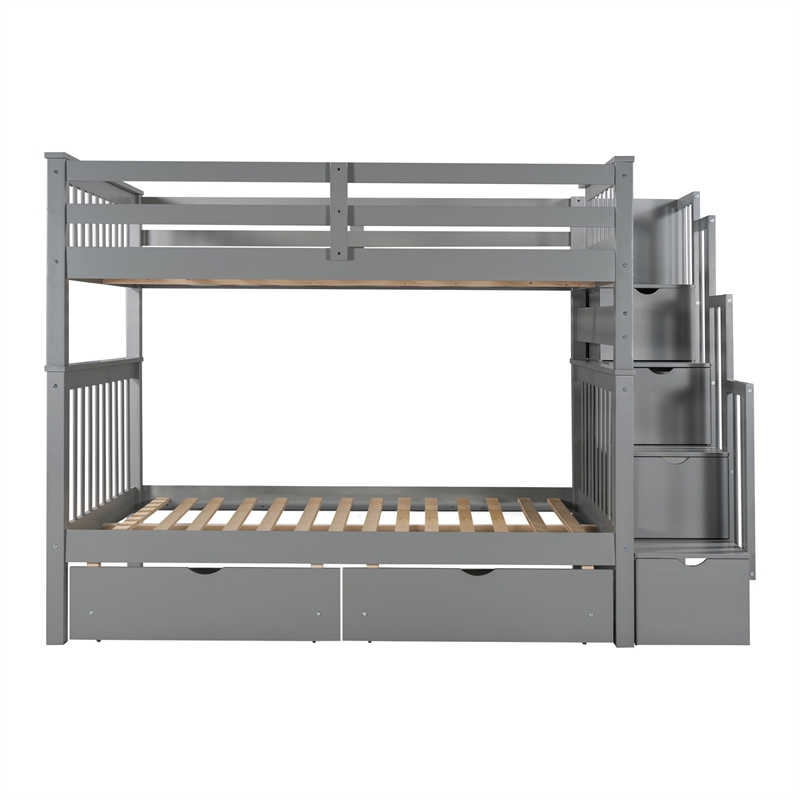 Pemberly Row Full Over Full Bunk Bed with Shelves and 6 Storage Drawers (Gray)