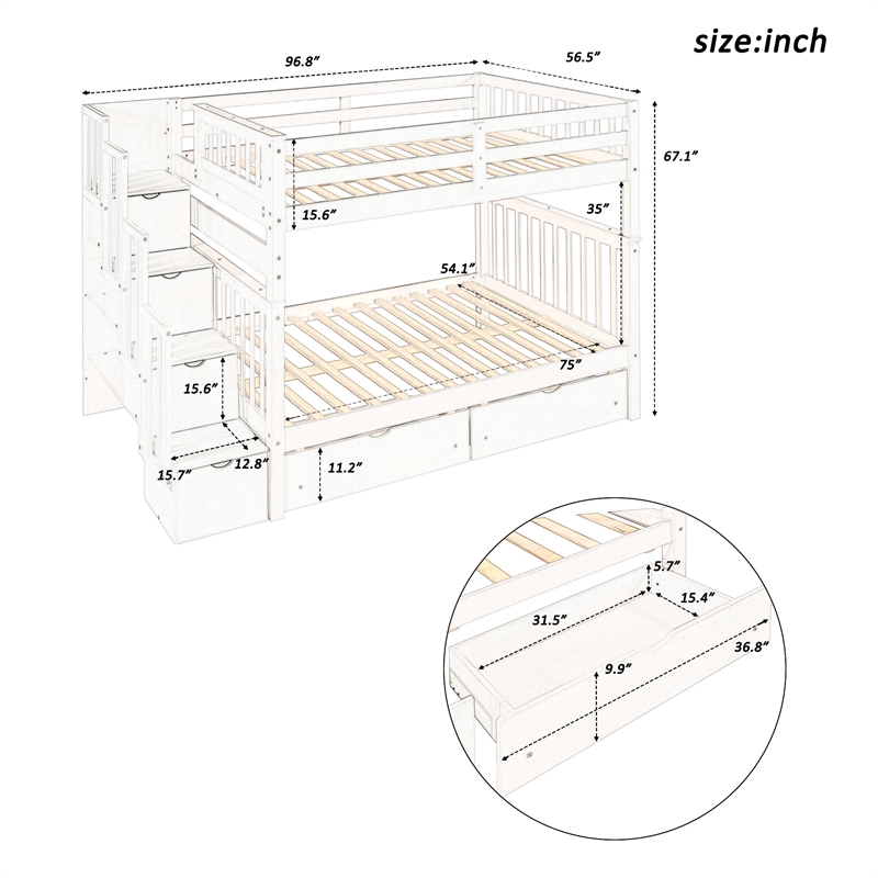 Pemberly Row Full Over Full Bunk Bed with Shelves and 6 Storage Drawers (Gray)