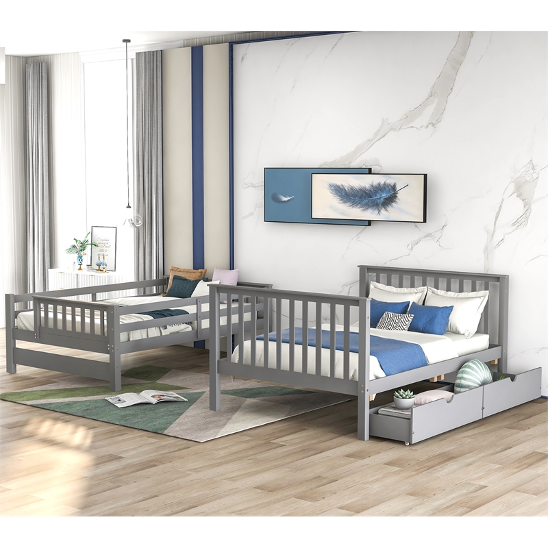 Pemberly Row Full Over Full Bunk Bed with Shelves and 6 Storage Drawers (Gray)