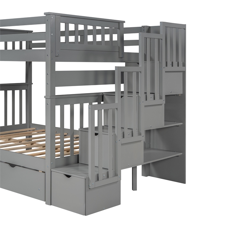 Pemberly Row Full Over Full Bunk Bed with Shelves and 6 Storage Drawers (Gray)