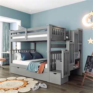 Pemberly Row Full Over Full Bunk Bed with Shelves and 6 Storage Drawers (Gray)