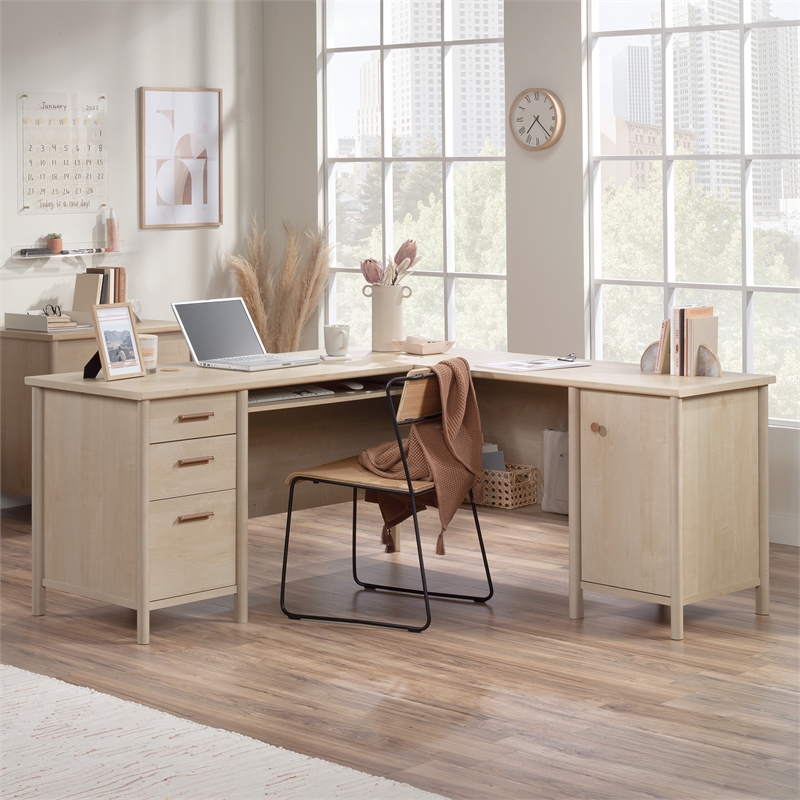 Pemberly Row Modern Engineered Wood L-Desk in Natural Maple Finish