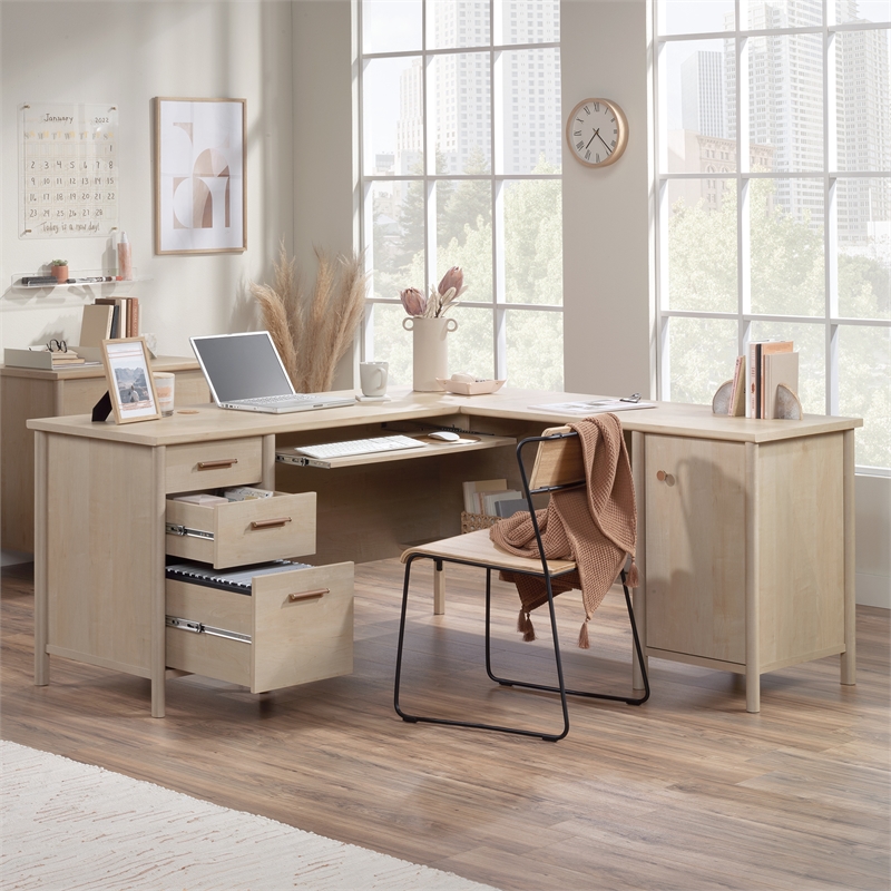 Pemberly Row Modern Engineered Wood L-Desk in Natural Maple Finish