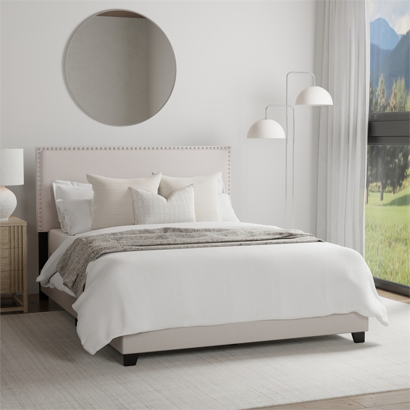 Pemberly Row Nail Head Trim Upholstered Full Bed Gray Fog Fabric