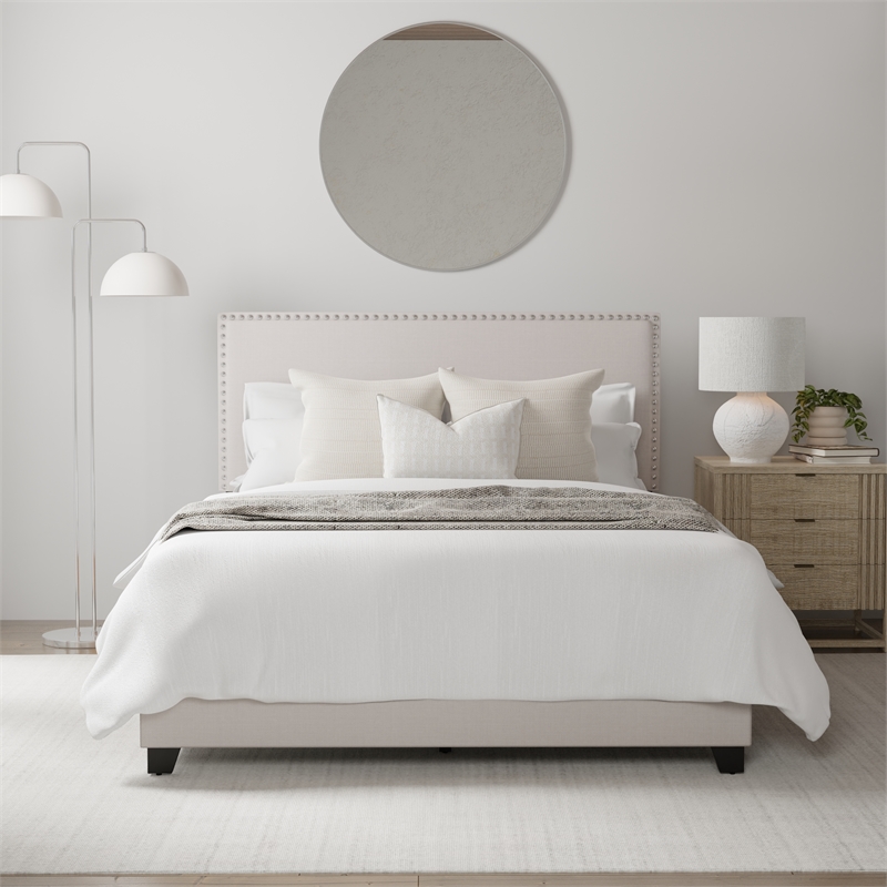 Pemberly Row Nail Head Trim Upholstered Full Bed Gray Fog Fabric