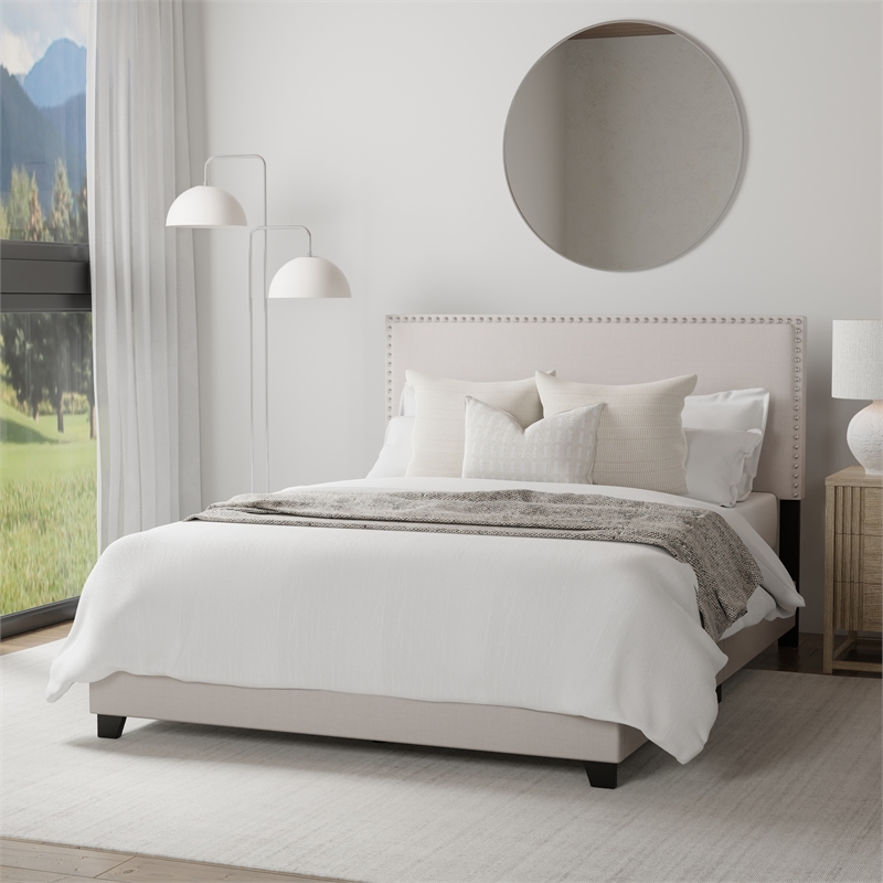 Pemberly Row Nail Head Trim Upholstered Full Bed Gray Fog Fabric