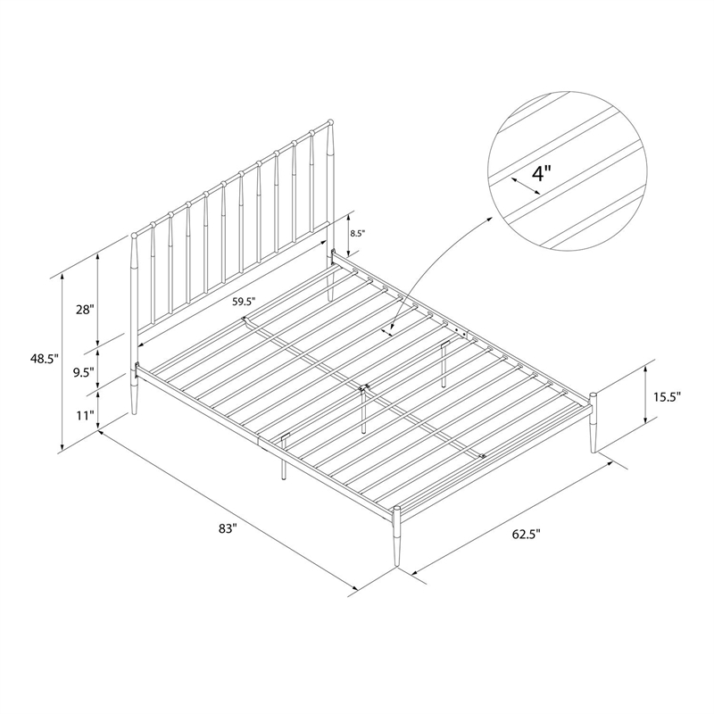 Pemberly Row Modern / Contemporary Queen Metal Spindle Bed in Gold