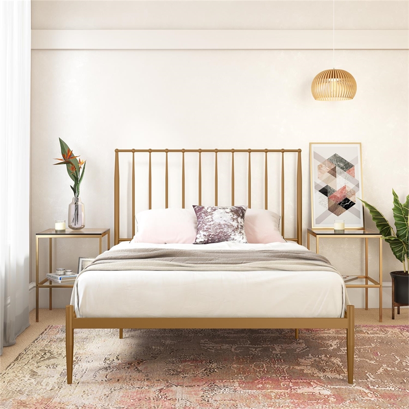 Pemberly Row Modern / Contemporary Queen Metal Spindle Bed in Gold