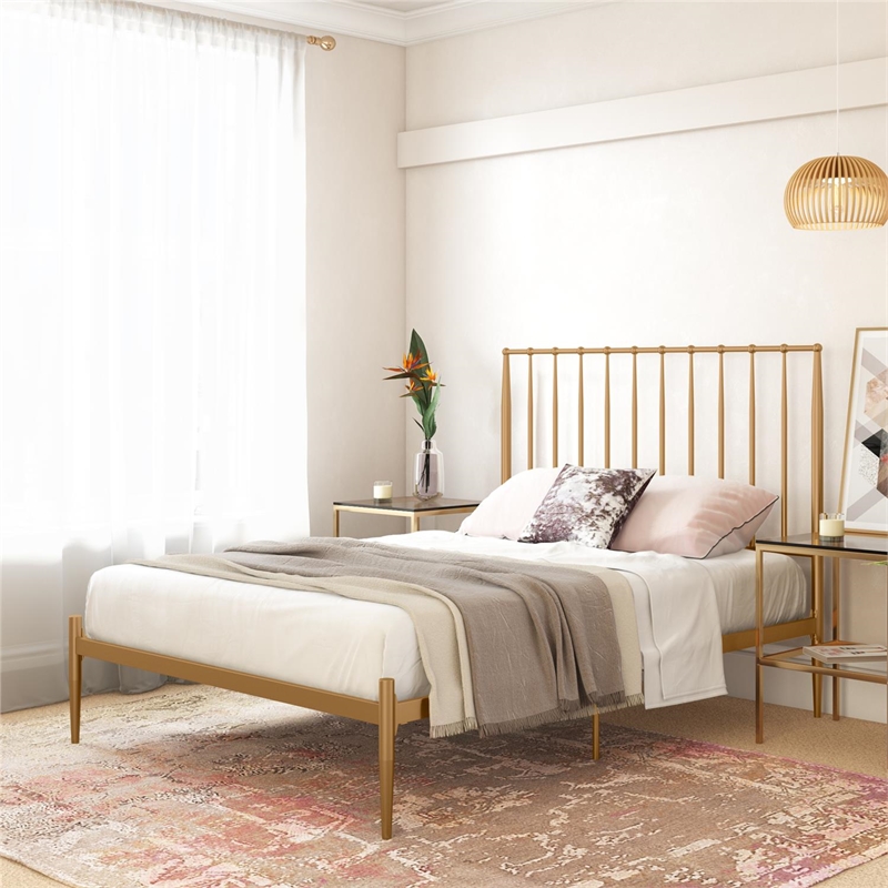 Pemberly Row Modern / Contemporary Queen Metal Spindle Bed in Gold