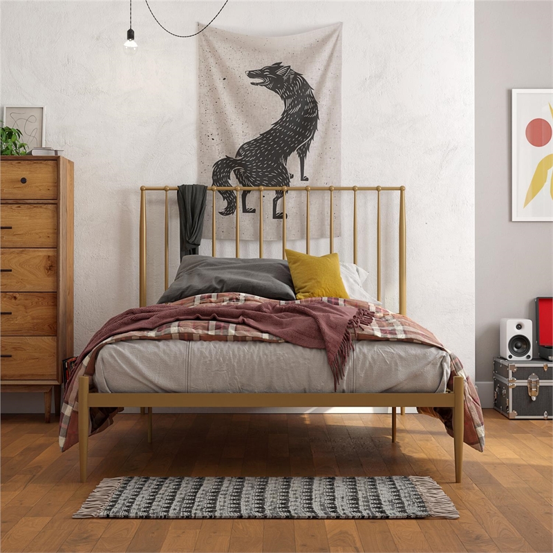 Pemberly Row Modern / Contemporary Queen Metal Spindle Bed in Gold