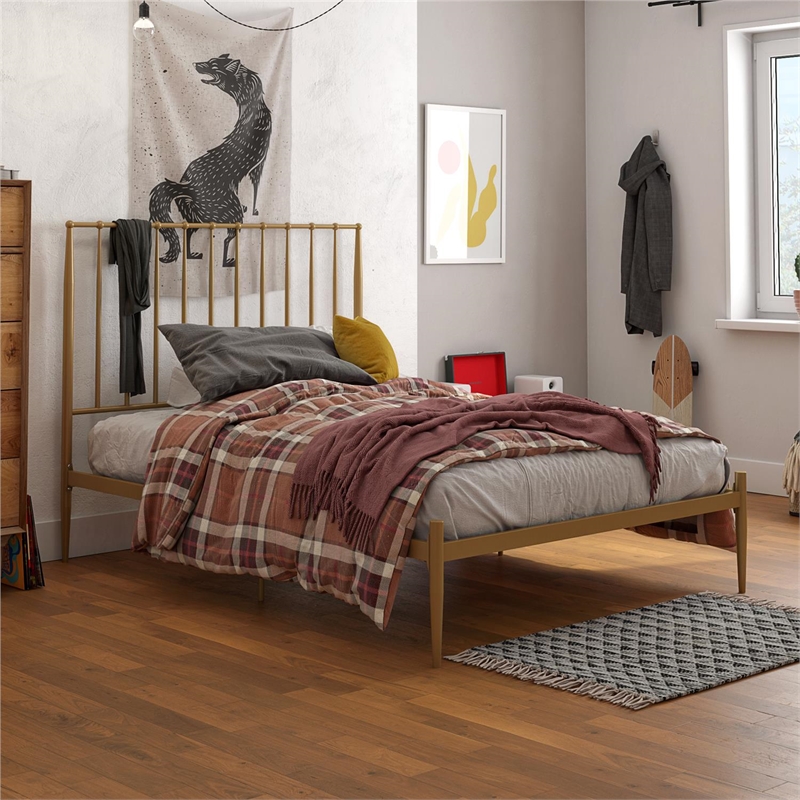 Pemberly Row Modern / Contemporary Queen Metal Spindle Bed in Gold