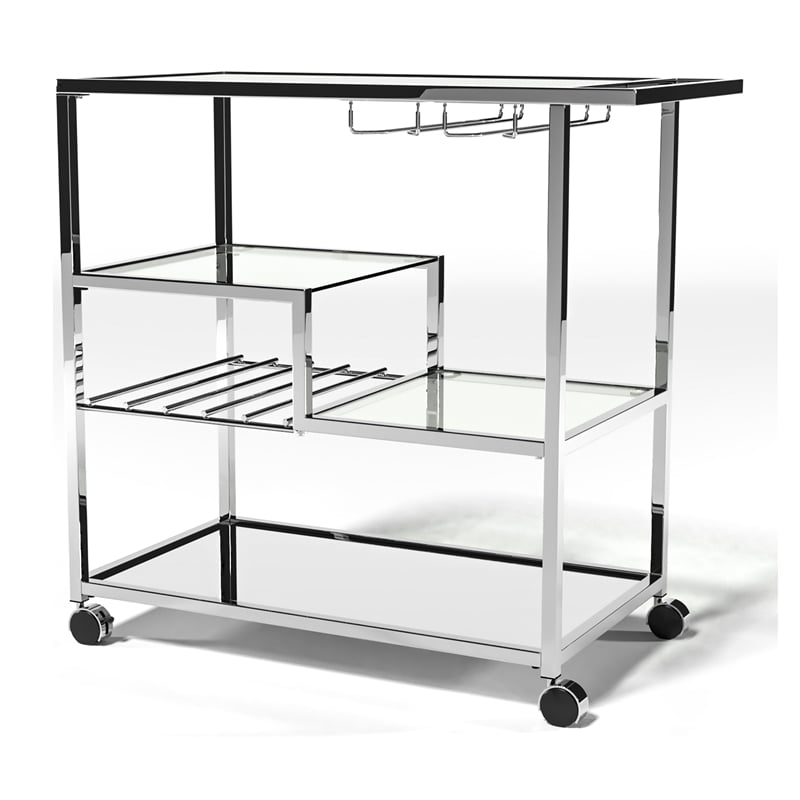 Pemberly Row Contemporary Transitional Metal Bar Cart in Chrome
