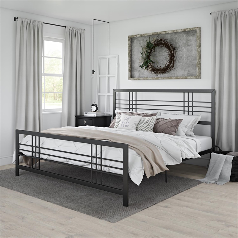Pemberly Row Modern / Contemporary Metal Bed in Black in King