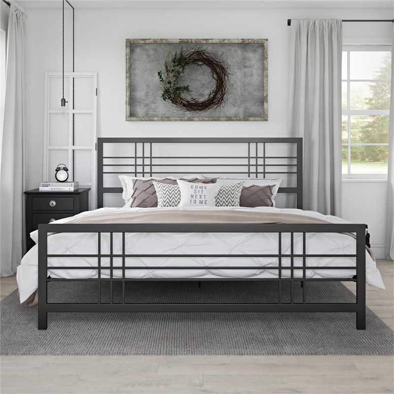 Pemberly Row Modern / Contemporary Metal Bed in Black in King