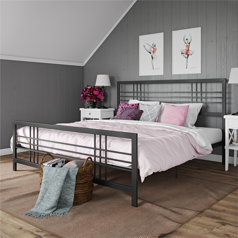 Pemberly Row Modern / Contemporary Metal Bed in Black in King