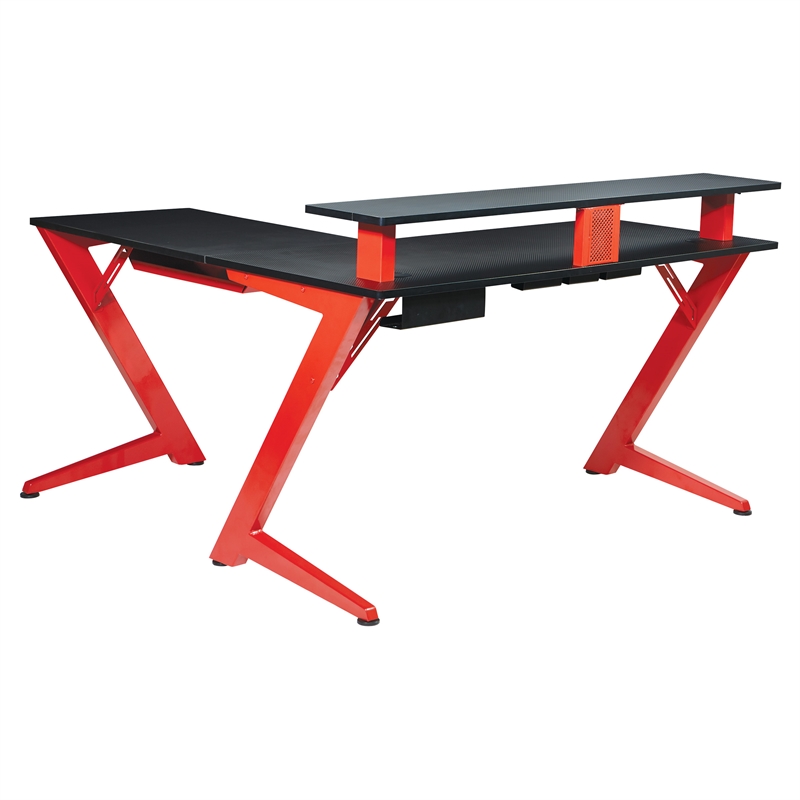 Pemberly Row Battlestation L-Shape Game Desk with Carbon Top and Matte Red Legs
