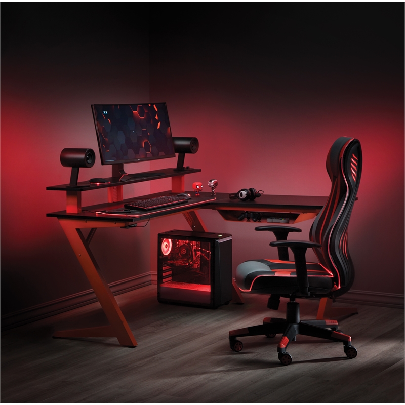 Pemberly Row Battlestation L-Shape Game Desk with Carbon Top and Matte Red Legs