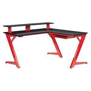 Pemberly Row Battlestation L-Shape Game Desk with Carbon Top and Matte Red Legs