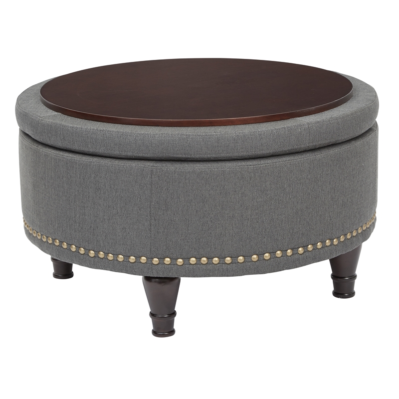 Pemberly Row Modern Round Storage Ottoman in Klein Charcoal Fabric