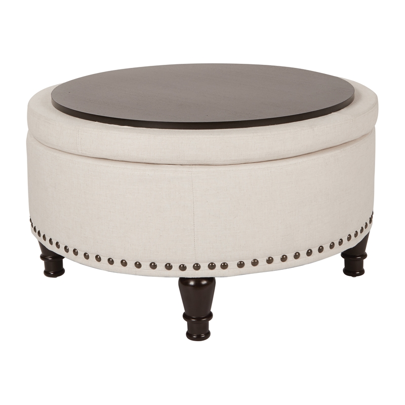 Pemberly Row Modern Round Storage Ottoman in Linen Cream Fabric