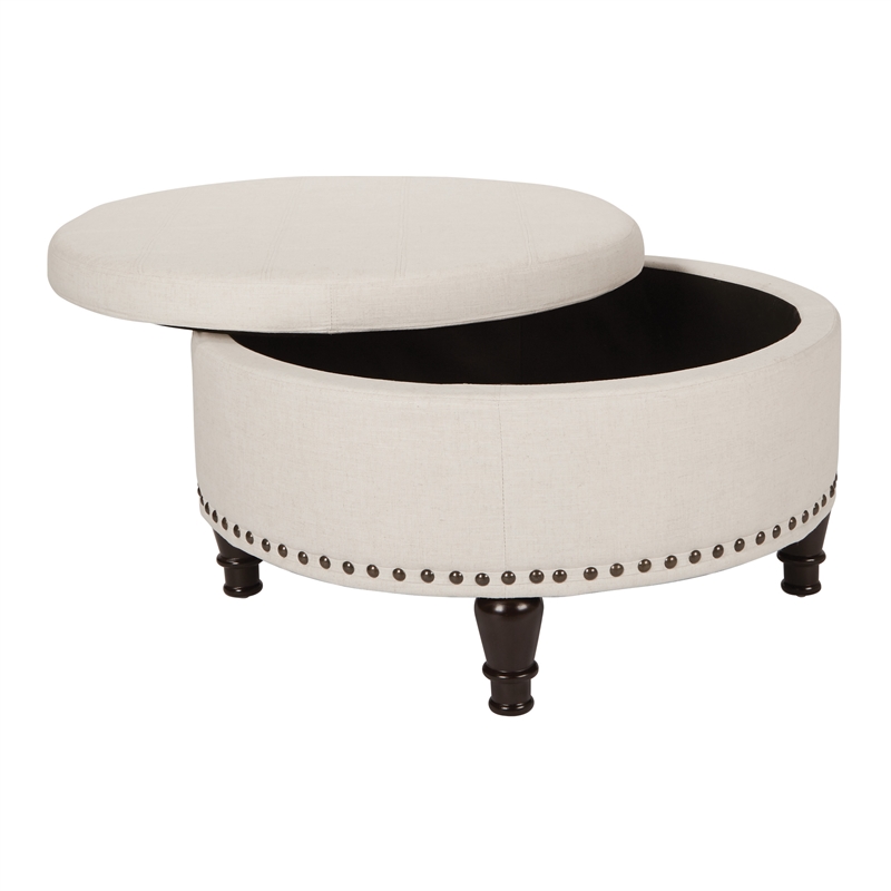 Pemberly Row Modern Round Storage Ottoman in Linen Cream Fabric