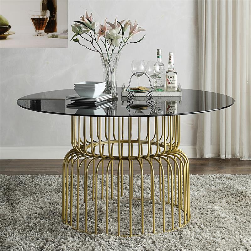 Pemberly Row Contemporary Glass Top Round Dining Table in Gold