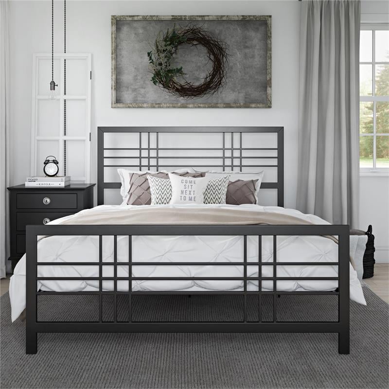 Pemberly Row Metal Bed Queen Size Frame Adjustable Under Bed Storage in Black