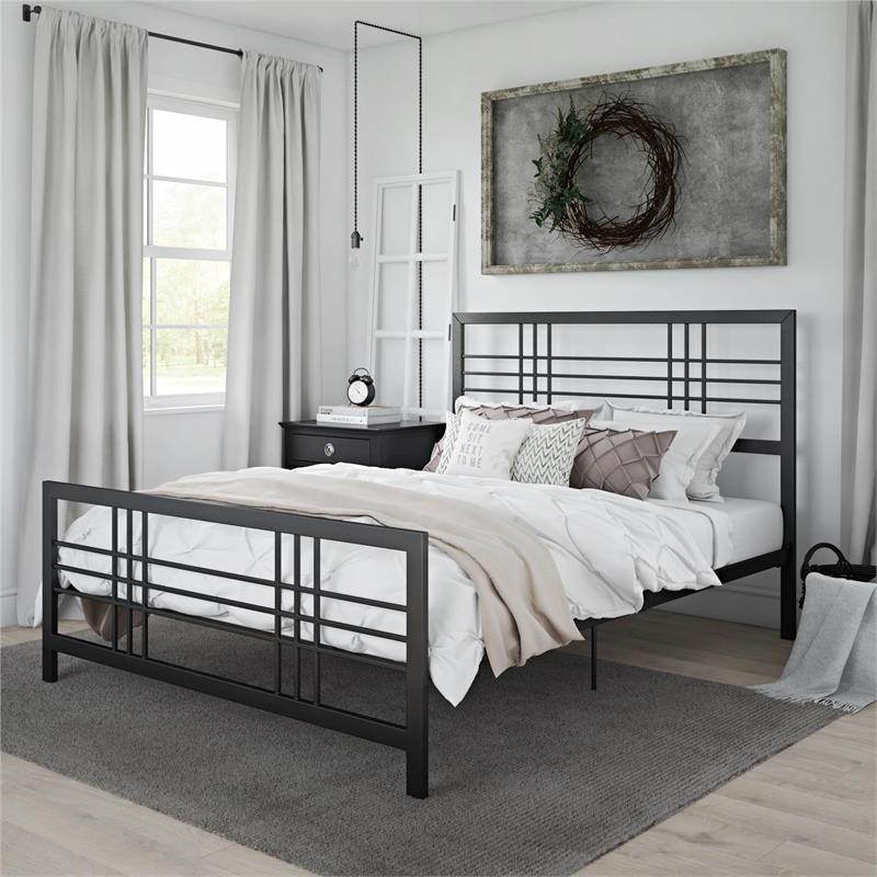 Pemberly Row Metal Bed Queen Size Frame Adjustable Under Bed Storage in Black