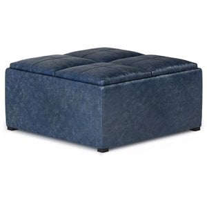 Pemberly Row 35&quot Faux Leather Square Storage Ottoman in Denim Blue