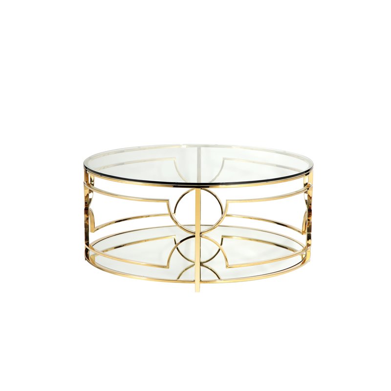 Pemberly Row Metal Round Coffee Table with Glass in Polished Gold