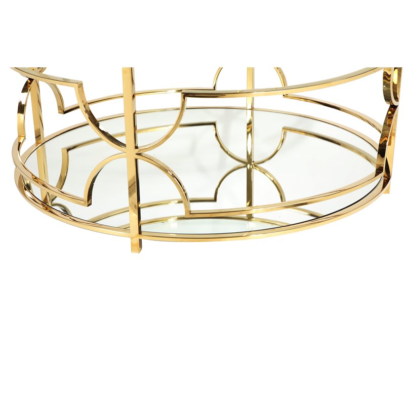 Pemberly Row Metal Round Coffee Table with Glass in Polished Gold