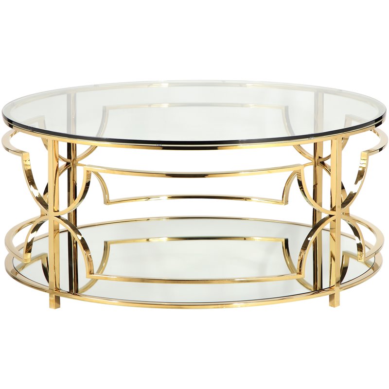 Pemberly Row Metal Round Coffee Table with Glass in Polished Gold