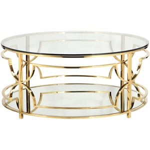 Pemberly Row Metal Round Coffee Table with Glass in Polished Gold