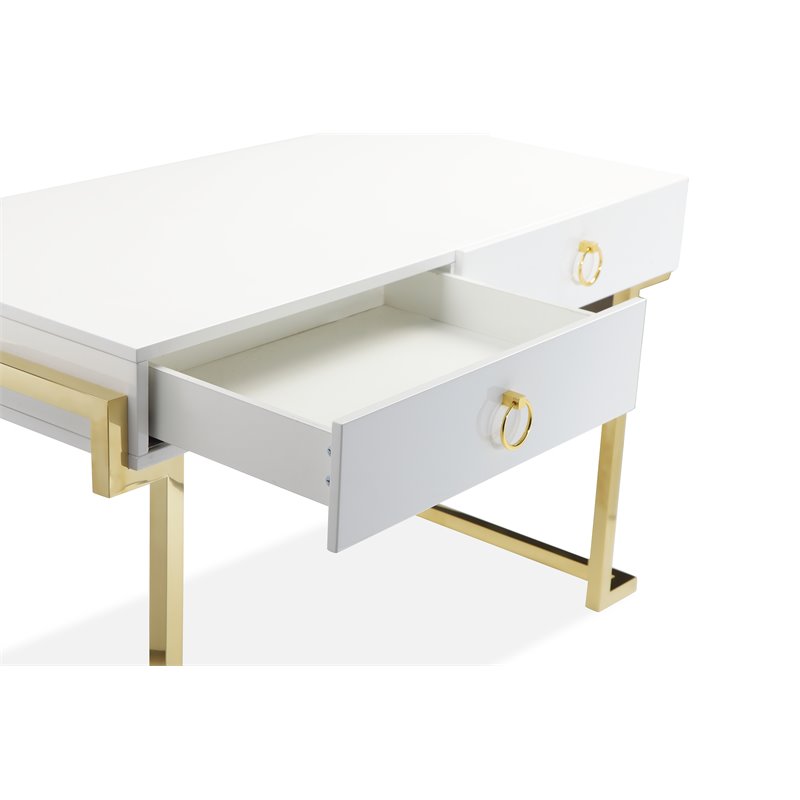 Pemberly Row Stainless Steel Desk in Glossy White Lacquer & Gold