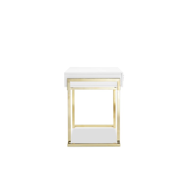 Pemberly Row Stainless Steel Desk in Glossy White Lacquer & Gold