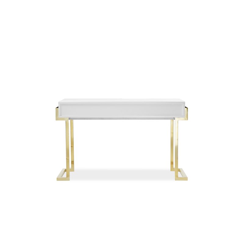 Pemberly Row Stainless Steel Desk in Glossy White Lacquer & Gold