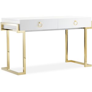 Pemberly Row Stainless Steel Desk in Glossy White Lacquer & Gold
