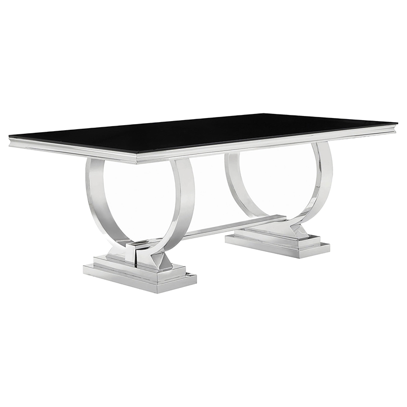 Pemberly Row Rectangular Glass Dining Table with Swooping Double-Hoop in Black