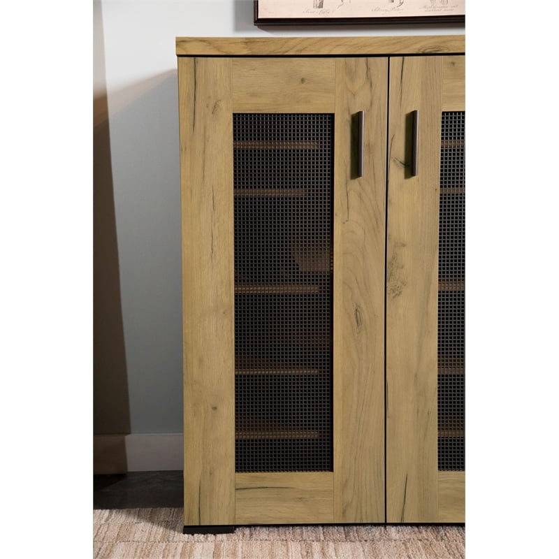 Pemberly Row Modern Farmhouse Wood Mesh Door Accent Cabinet in Oak