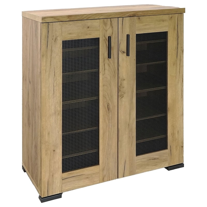 Pemberly Row Modern Farmhouse Wood Mesh Door Accent Cabinet in Oak