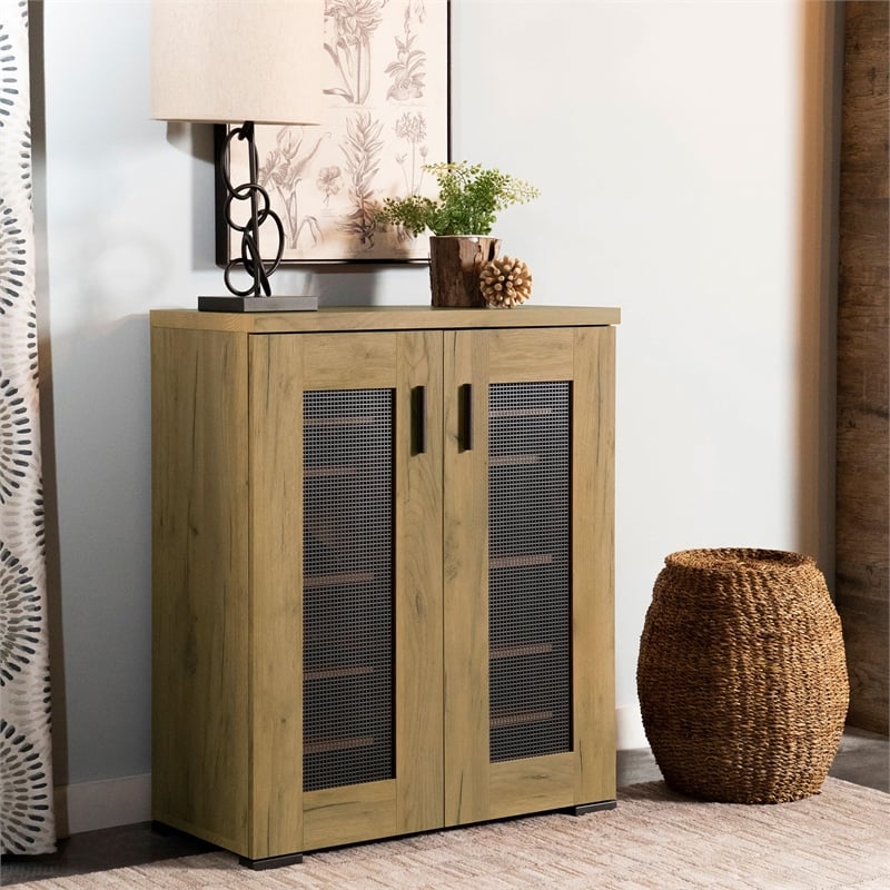 Pemberly Row Modern Farmhouse Wood Mesh Door Accent Cabinet in Oak