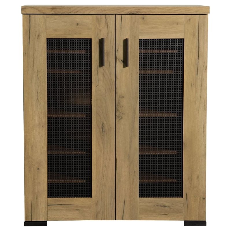 Pemberly Row Modern Farmhouse Wood Mesh Door Accent Cabinet in Oak