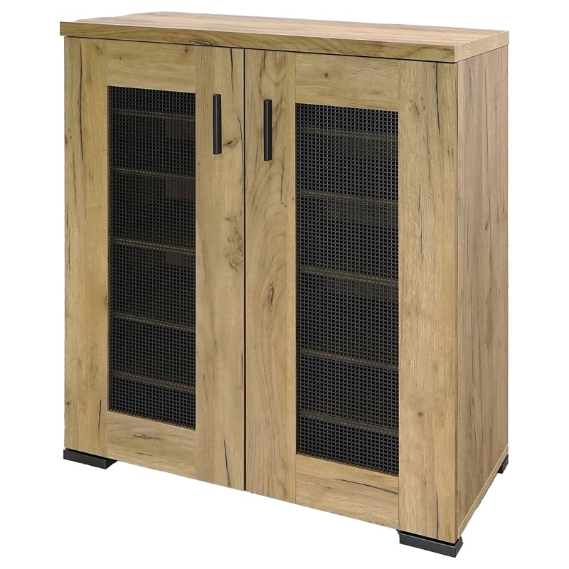Pemberly Row Modern Farmhouse Wood Mesh Door Accent Cabinet in Oak
