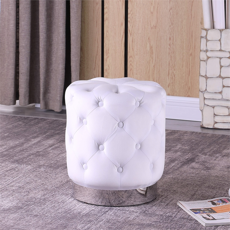 Pemberly Row Contemporary Tufted Velvet White Accent Ottoman