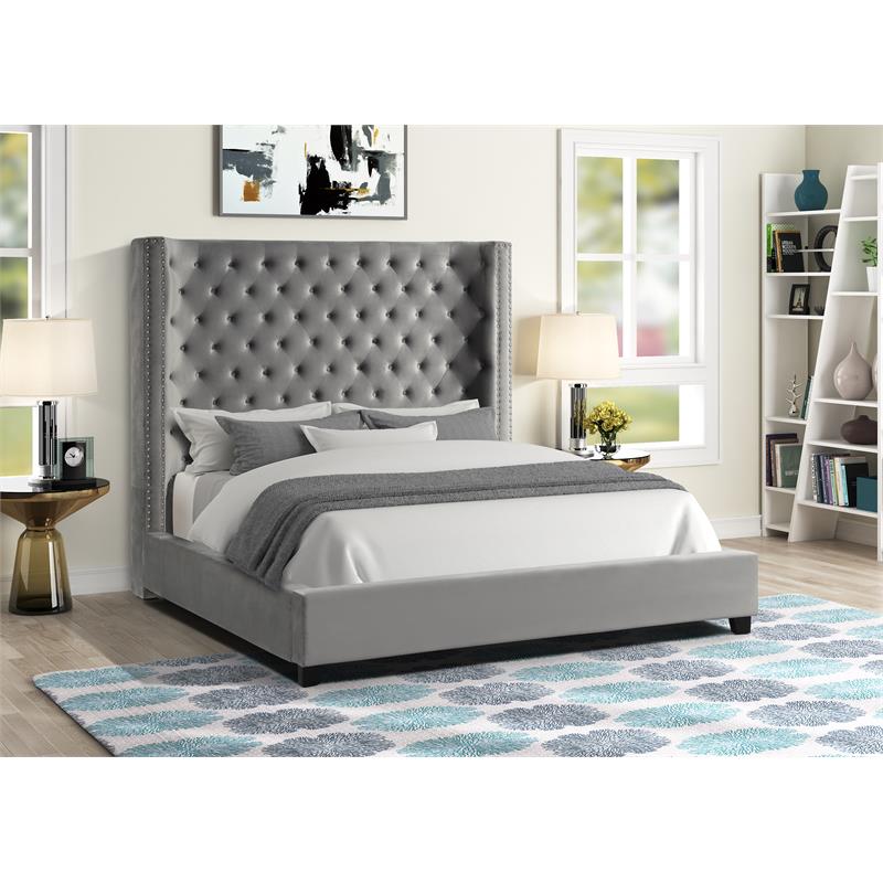 Pemberly Row Modern Velvet Upholstered Queen Platform Bed in Gray