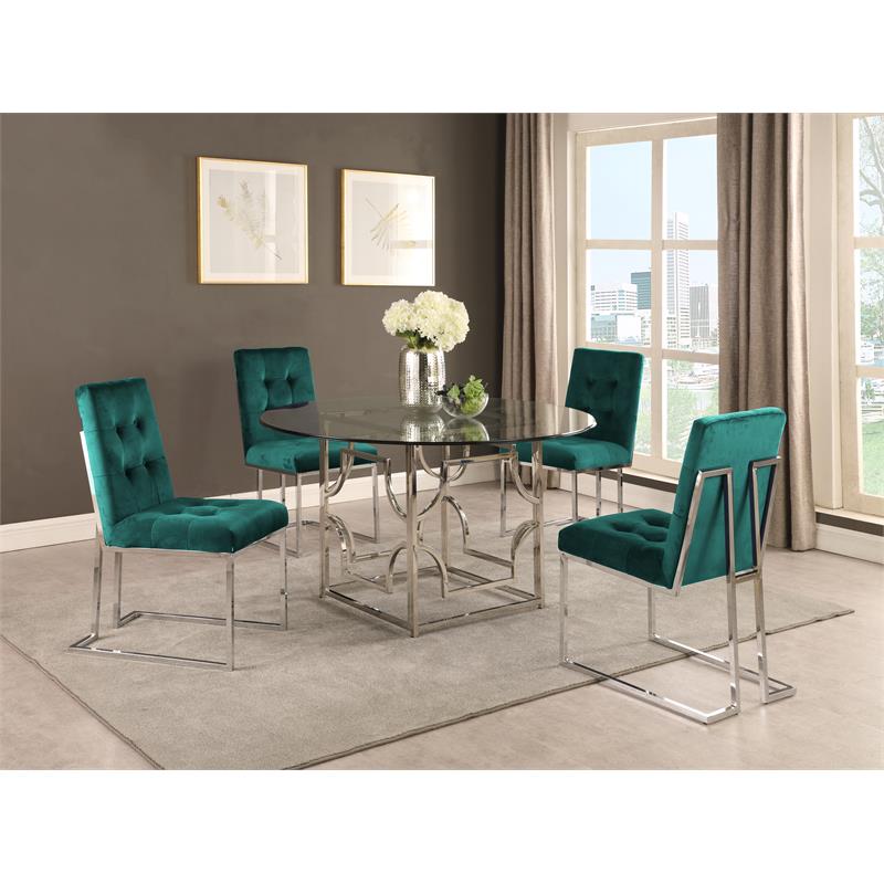 Pemberly Row Modern Velvet Fabric Dining Chair in Green/Silver (Set of 2)