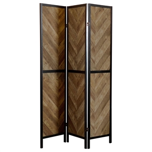 Pemberly Row Farmhouse Wood Herringbone Pattern Three Panels Screen in Tobacco
