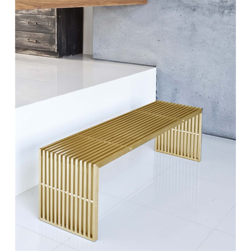 Pemberly Row Rectangular Modern Brushed Steel Metal Bench in Gold